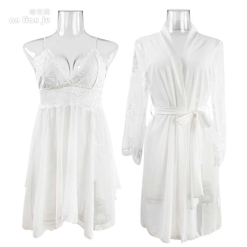 Kimono Sheer Floral - Vrouwen Witte Nachtkleding Set Bloemen Kant