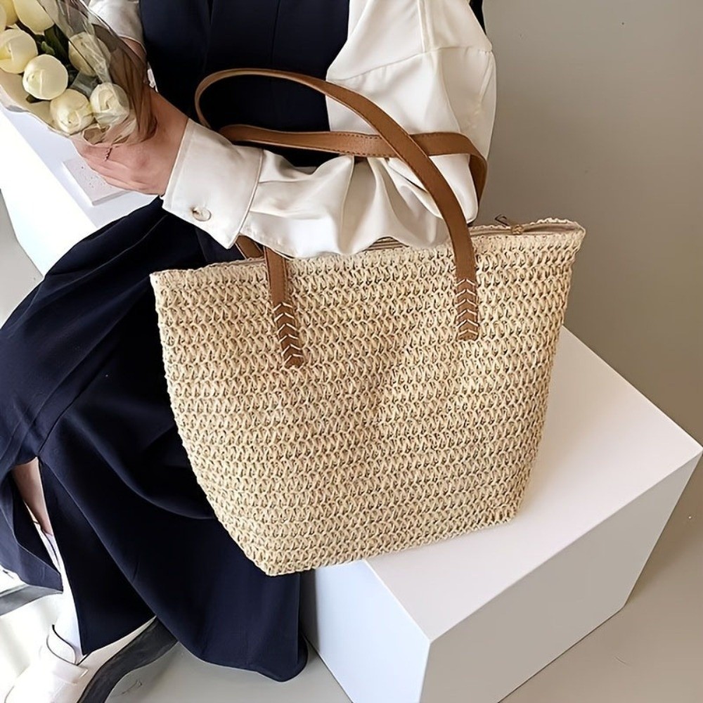 Tote Bag Beach - Modevolle effenkleurige geweven stro tas vierkante