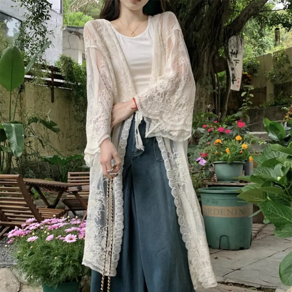 Kimono Sheer Floral - Lichtgewicht kant-en-klare blouse met kant, borduurwerk,