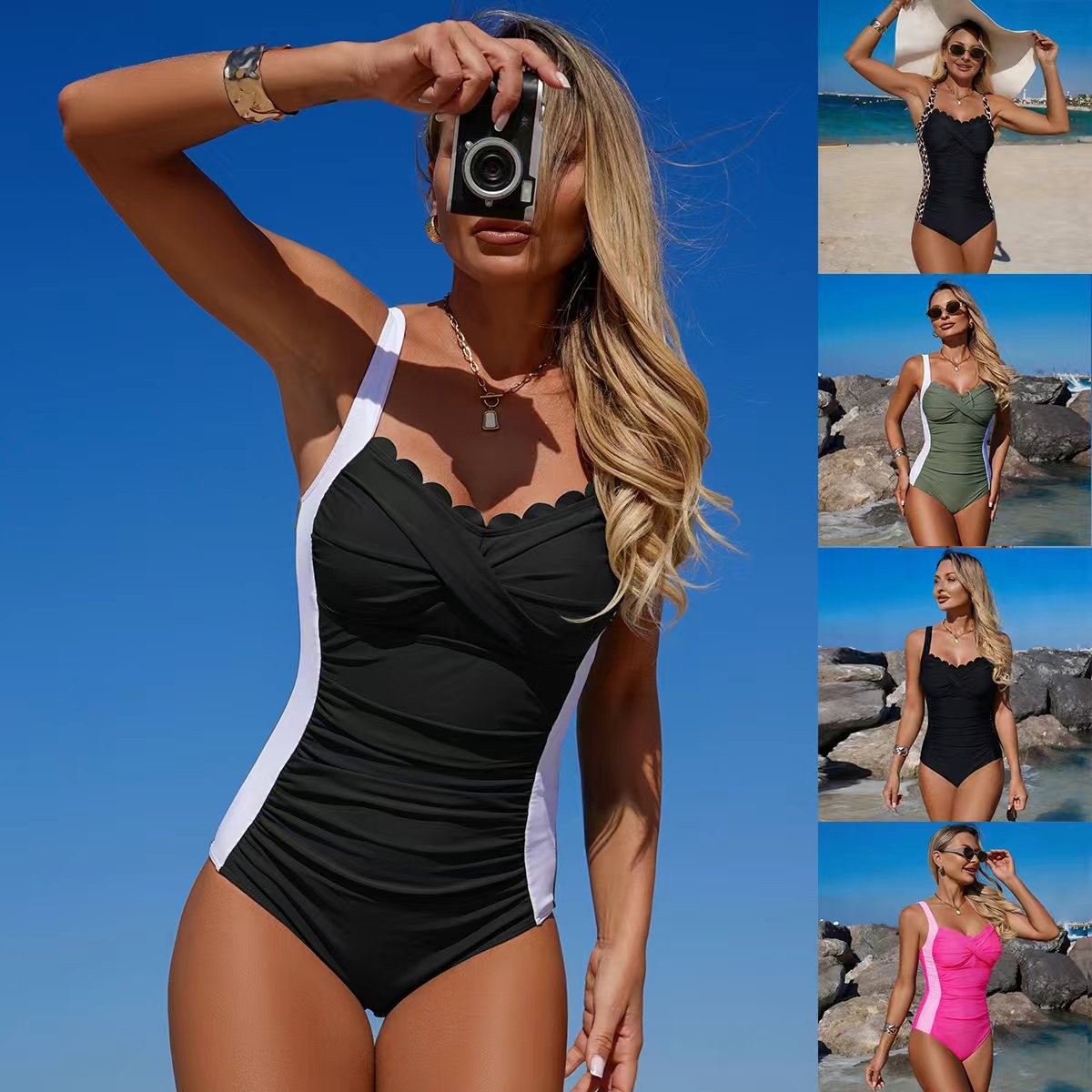 Swimsuit Bikini Ruched - Zwart badpak met gegolfde halslijn, gedraaide