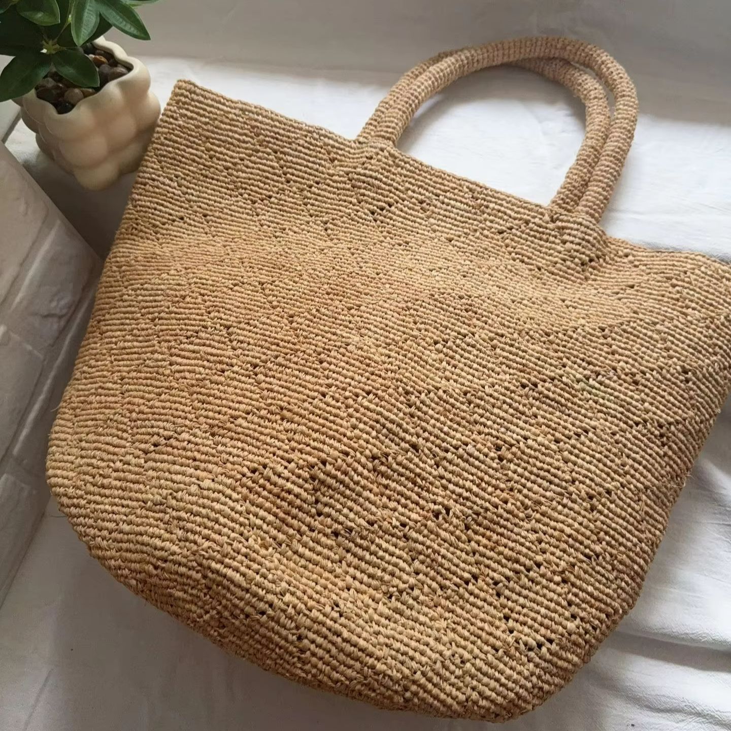 Crochet Bag Raffia - Handgebreide strandtas voor dames, vierkant, simpel,
