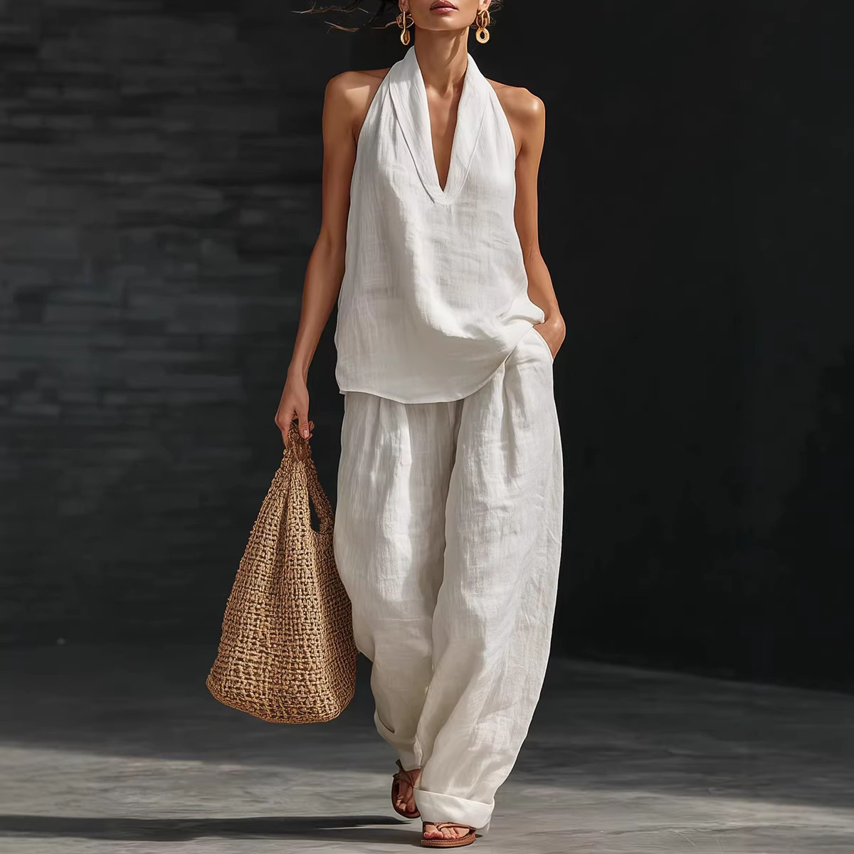 Linen Pant Wide - Zomer Retro Solid Katoen Linnen Set