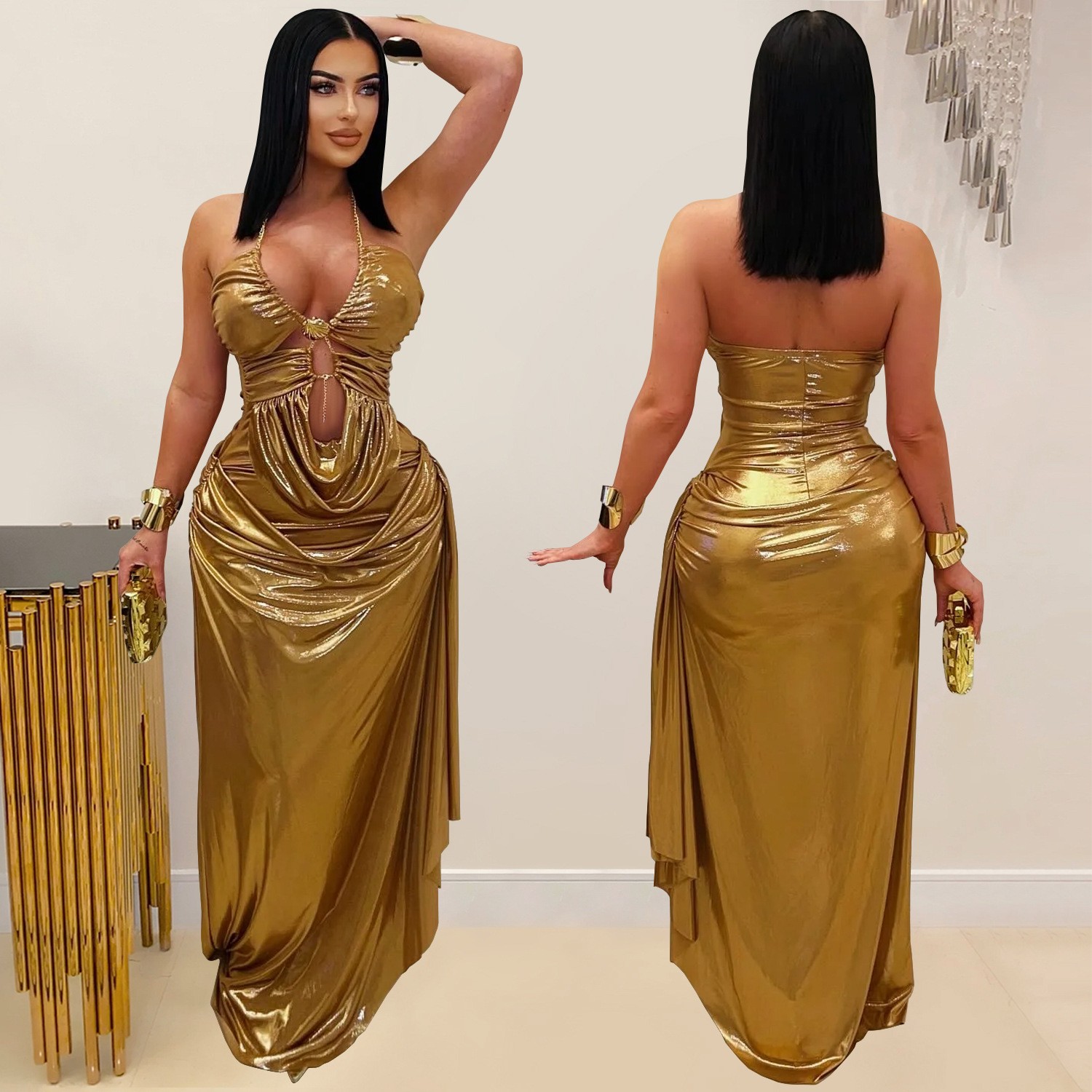 Maxi Dress Halter - Bruiloftsgastjurk Avondjurk met halterhals, mouwloos, metallic