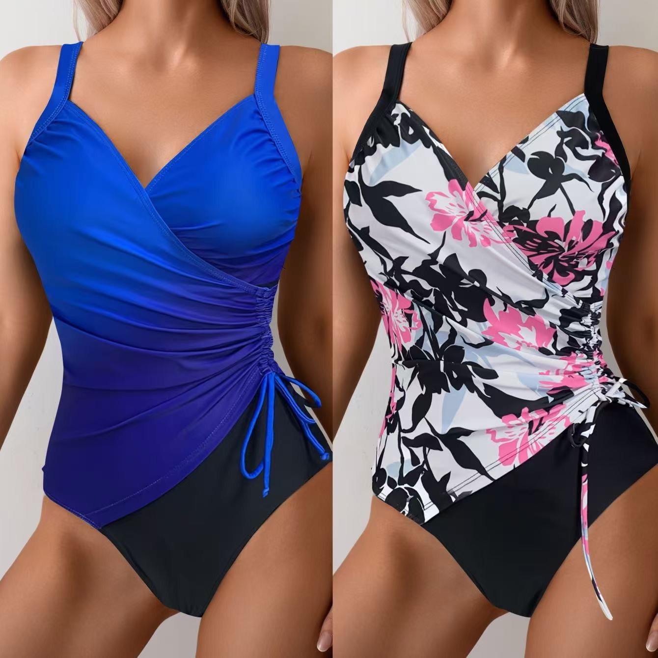 Swimsuit Bikini Ruched - Vrouwelijke tankini's met buikcontrole, mouwloos, V-hals,