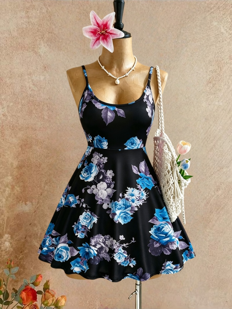 Romper Floral Print - Plus size dames spaghettibandje U-hals blauwe