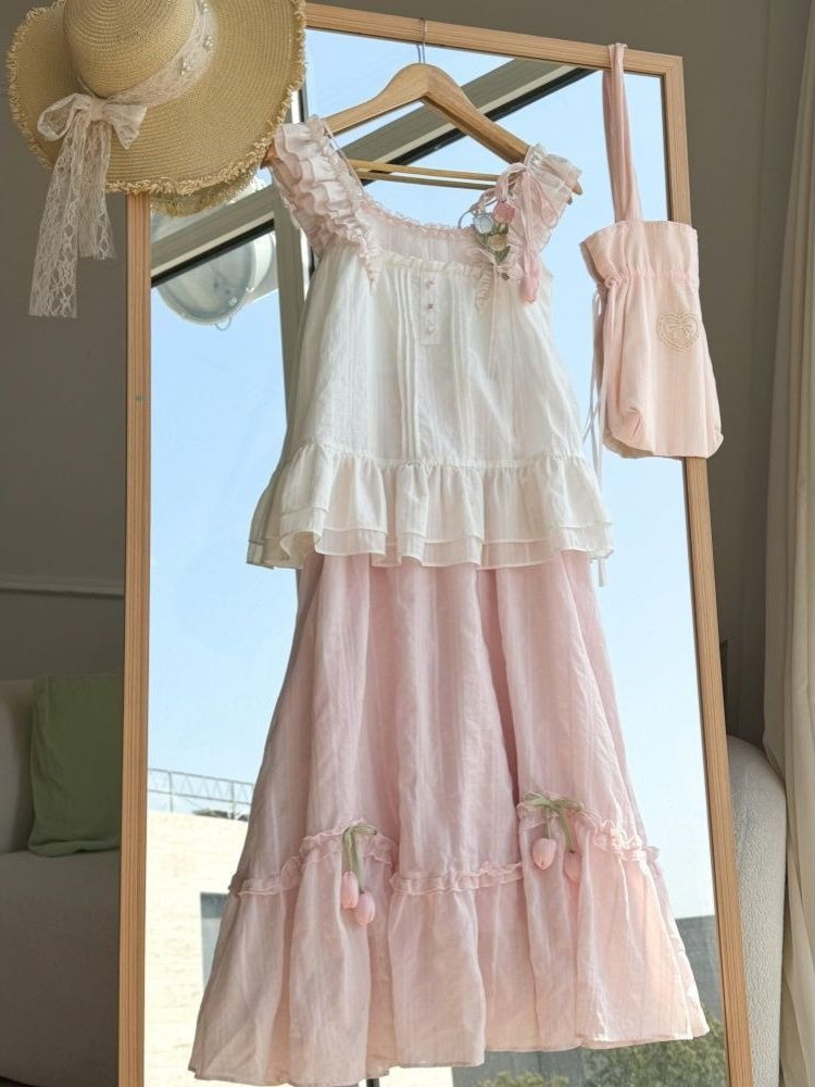 Midi Skirt Floral - Zoete Kawaii Ruffle Trim Tulip Decor