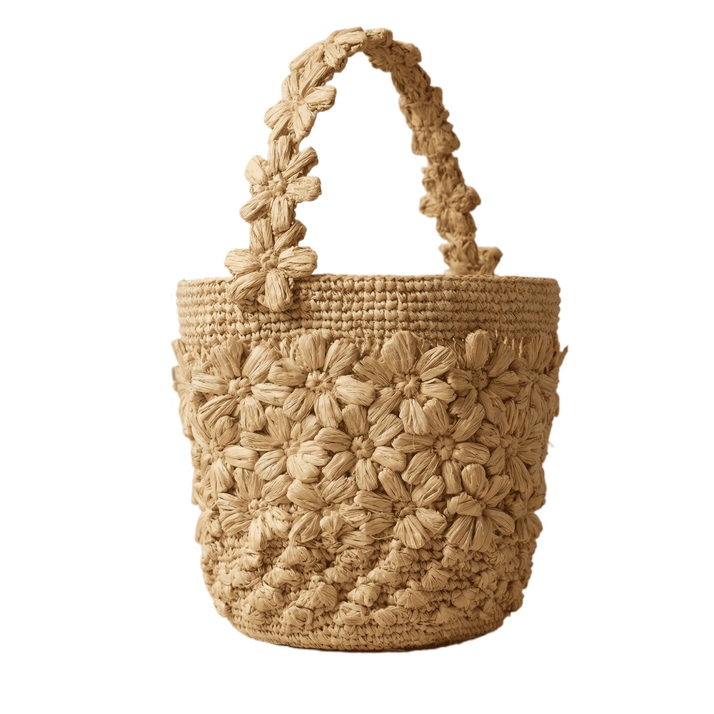 Crochet Bag Raffia - Handgemaakte raffia tas met gehaakte bloemen,