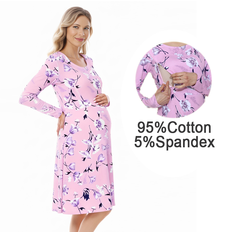 Midi Skirt Floral - Zwangerschapsjurk met bloemenprint, ronde hals, zijrits,