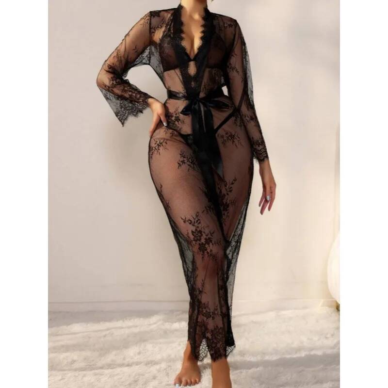 Zwarte kant doorschijnende lan - Kimono Sheer Floral recensie en prijs