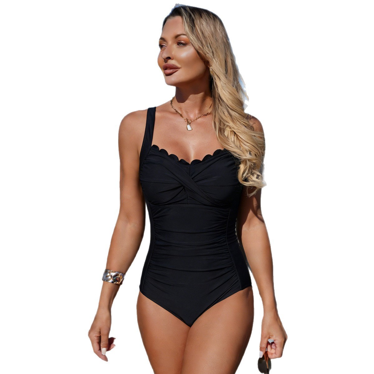 Zwart badpak met gegolfde hals - Swimsuit Bikini Ruched recensie en prijs