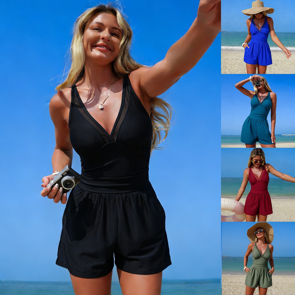 Zwart effenkleurig mouwloos ba - Swimsuit Bikini Ruched recensie en prijs