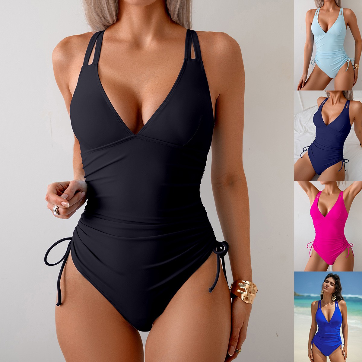 Effen zwart badpak V-hals Geri - Swimsuit Bikini Ruched recensie en prijs