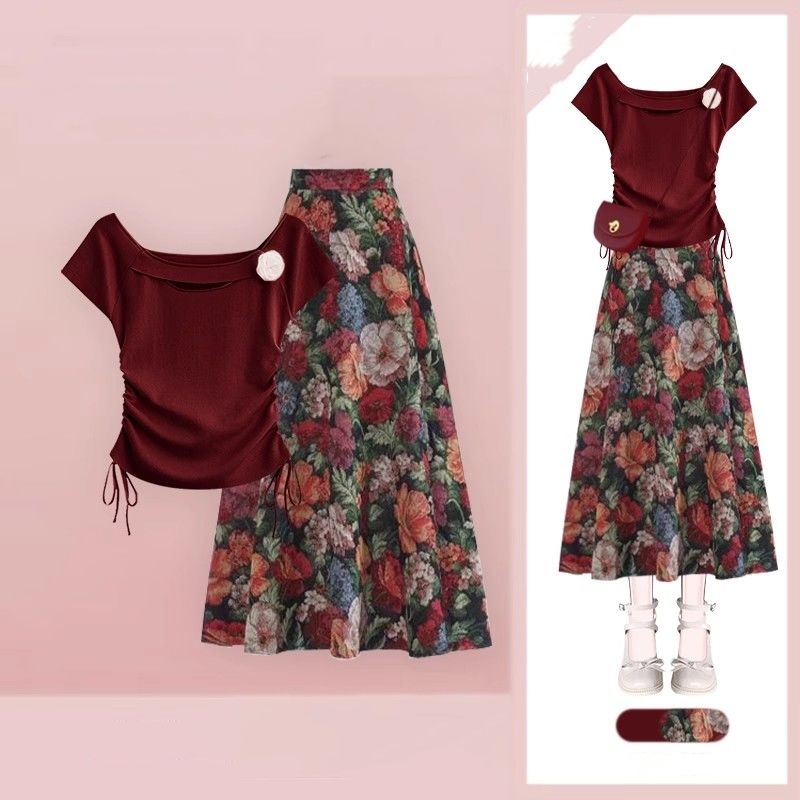 Vrouwen Lucky Wijn Rode T-shir - Midi Skirt Floral recensie en prijs