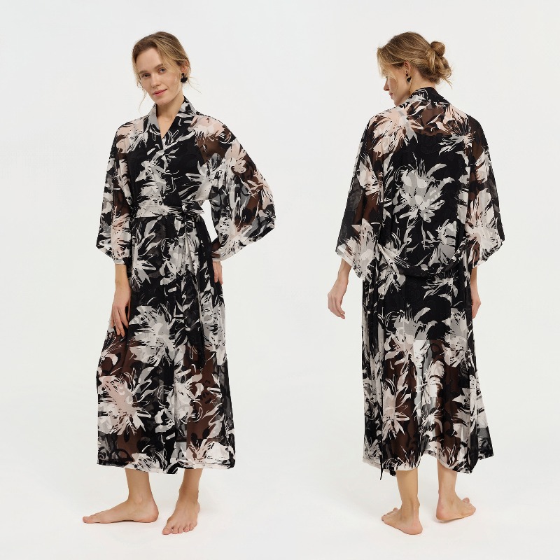 Dames Zwart Wit Inkt Bloemen S - Kimono Sheer Floral recensie en prijs